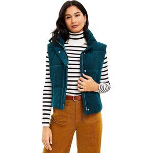 Loft Micro Corduroy Green Cropped Puffer Vest Full Zip Snap Pockets Size M